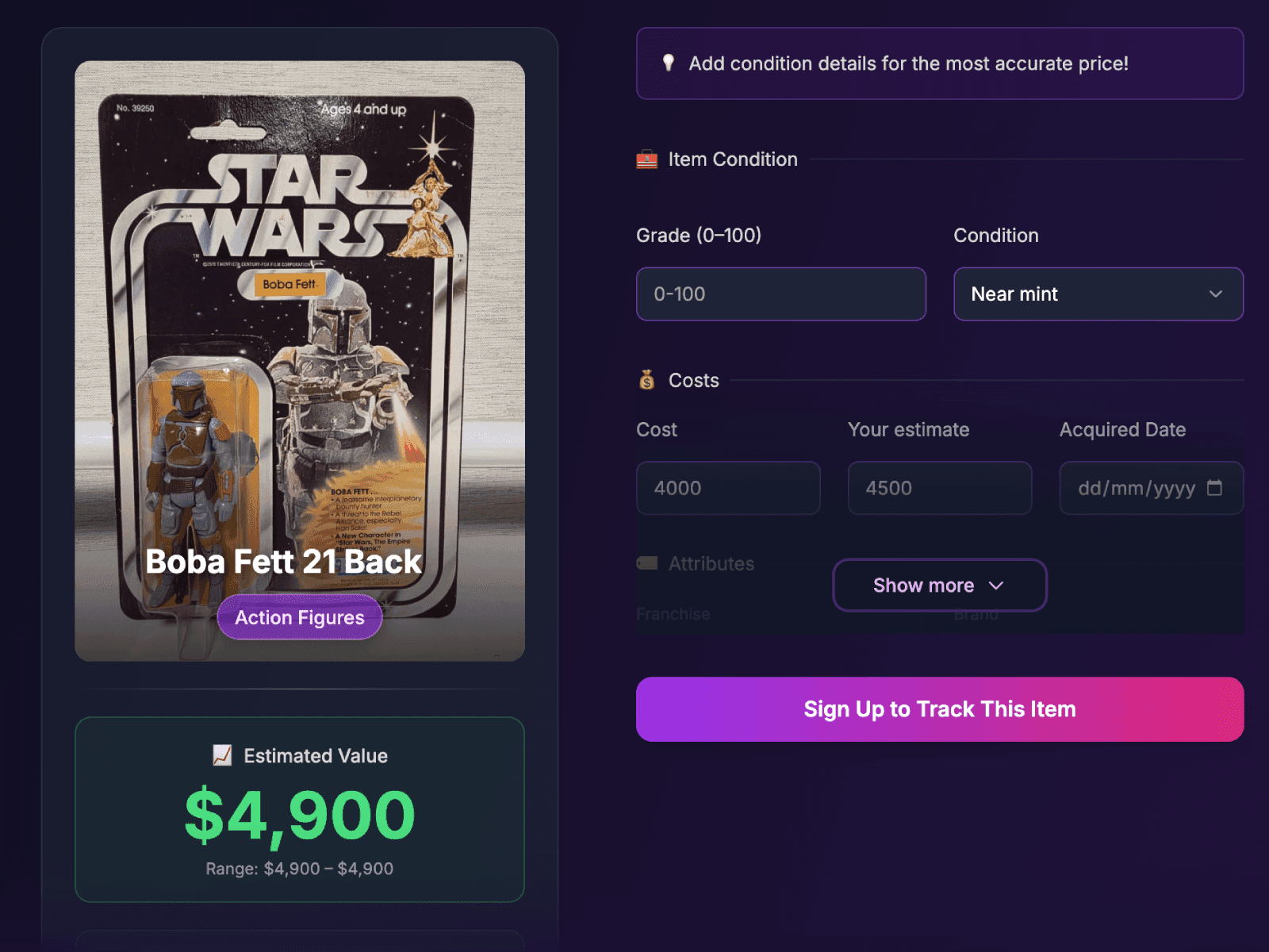 Instant Price Estimator showing AI-powered valuation for collectibles