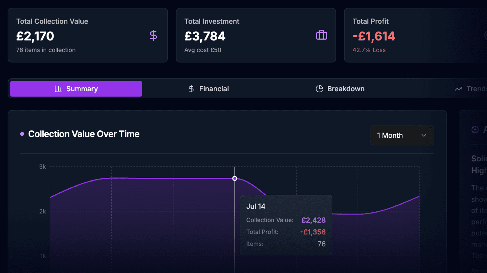 Financial Dashboard with ROI Analytics and Collection Value Tracking